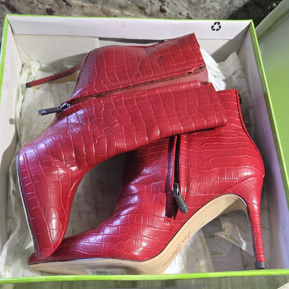Sam Edelman Red Croc-Embossed Heeled Boots